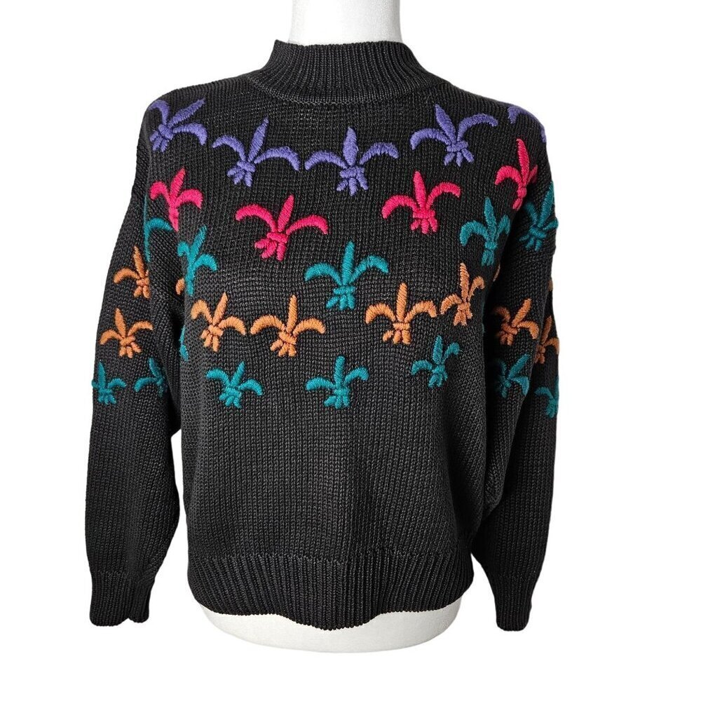 Le Moda Sweater Small Black Fleur-de-lis Hand Embroidered Mock Neck 70's Vintage